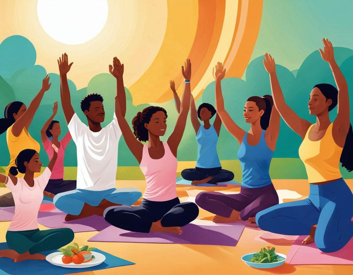 A vibrant illustration featuring young adults engaging in various wellness activities such as yoga, cooking healthy meals, and participating in community events supporting cancer awareness. Incorporate symbols of hope like ribbons and healthy food items, with a bright, sunlit background. The scene should evoke a sense of community, positivity, and proactive health choices. vibrant colors. vector art.