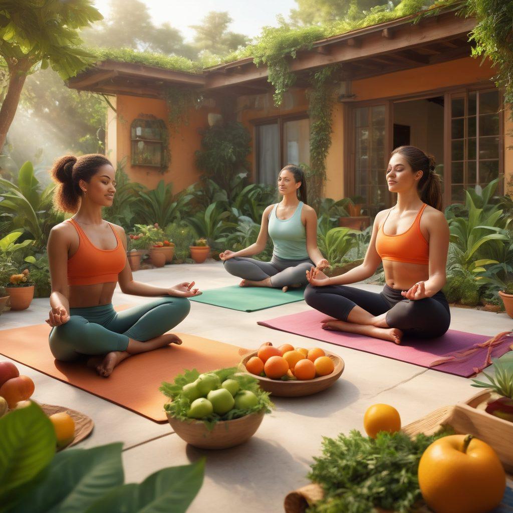 A serene outdoor scene depicting diverse young adults engaging in wellness activities like yoga, healthy cooking, and sharing supportive conversations amidst vibrant greenery. Incorporate elements like fresh fruits, meditation mats, and motivational quotes in the background. Emphasize a sense of community and empowerment. warm colors. super-realistic. vibrant atmosphere.